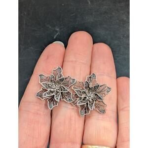 Vintage Mexican Sterling Silver Filigree Flower Screw Back Earrings Eagle Mark